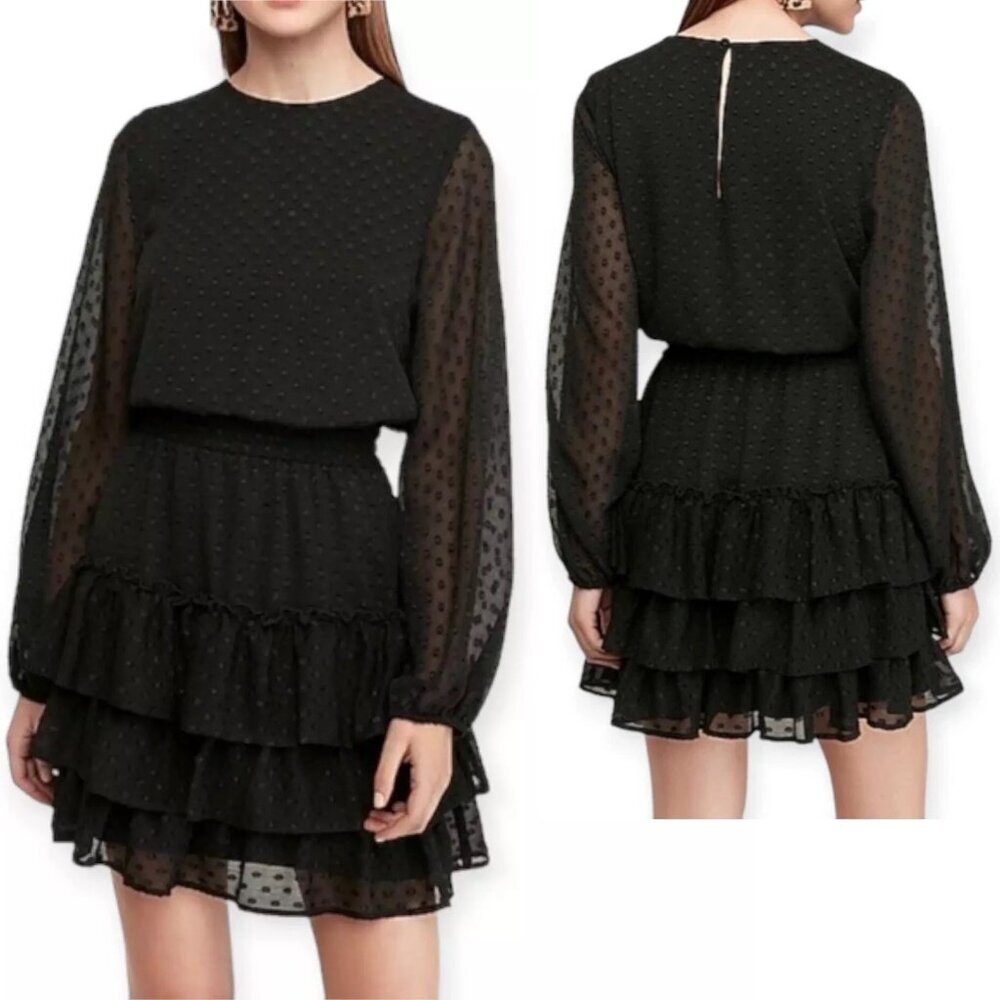 Express Clip Dot Long Sleeve Tiered Mini Black Dress Size L